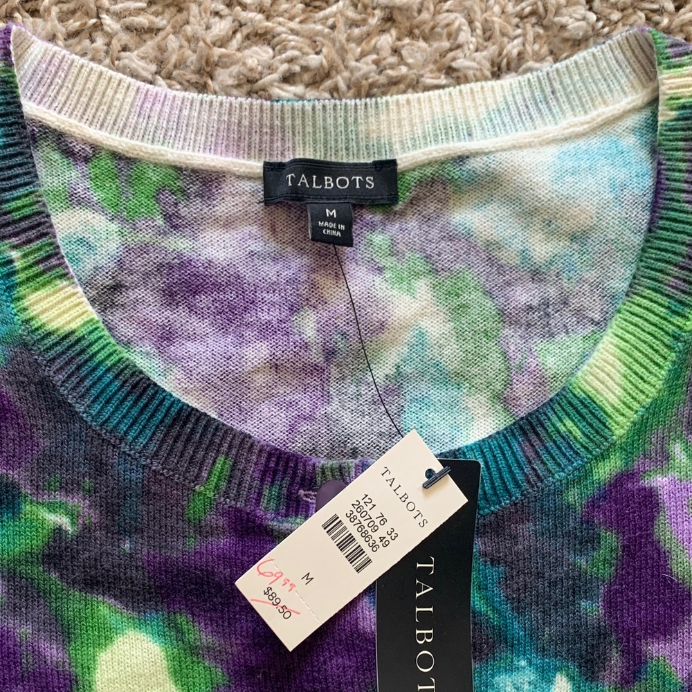 NWT Talbots Purple, Blue & Green Abstract Floral Crewneck Button Cardigan Medium - Picture 3 of 10